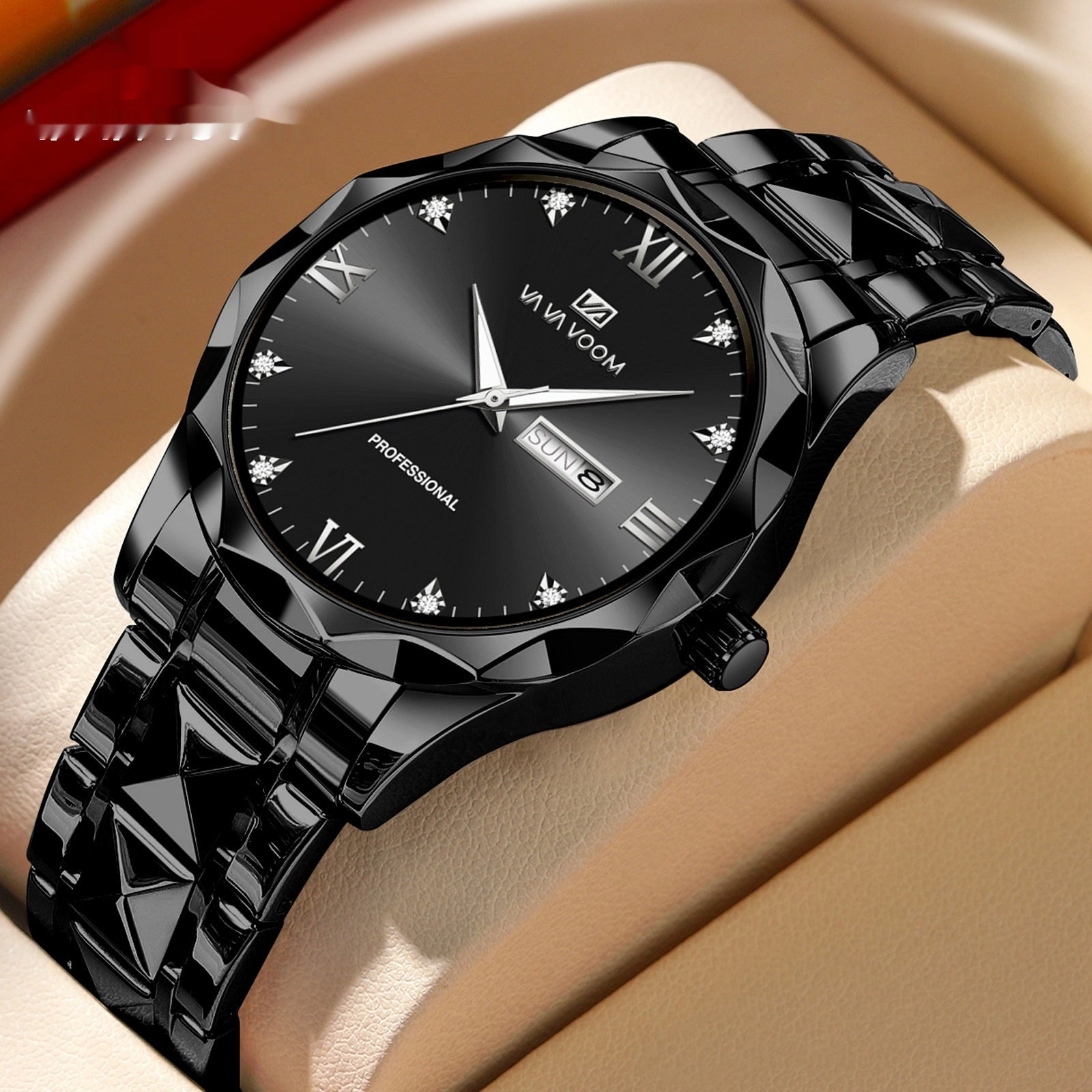 Tungsten Steel Waterproof Quartz Watch with Dual Calendar