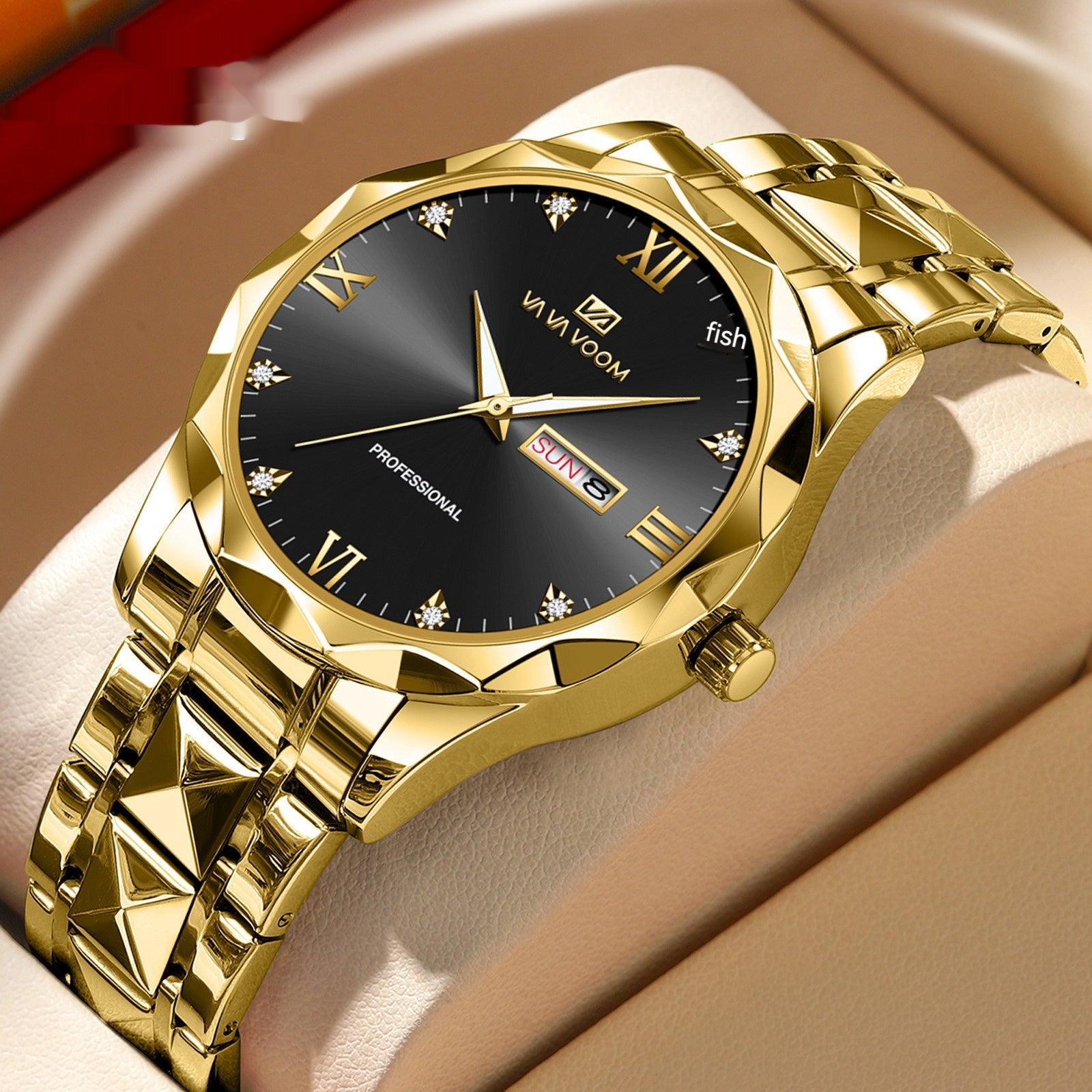 Tungsten Steel Waterproof Quartz Watch with Dual Calendar