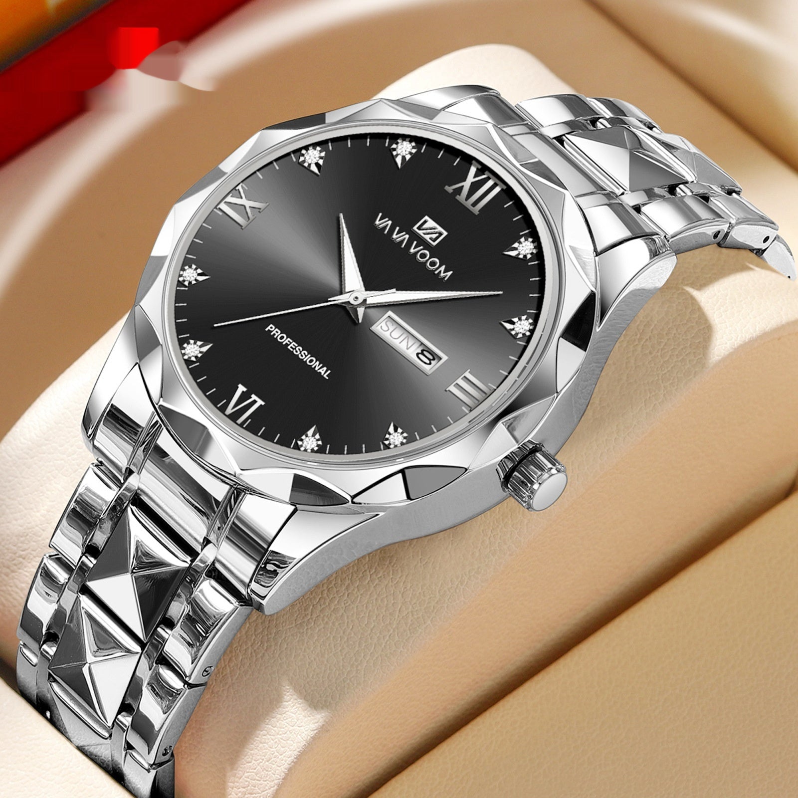 Tungsten Steel Waterproof Quartz Watch with Dual Calendar