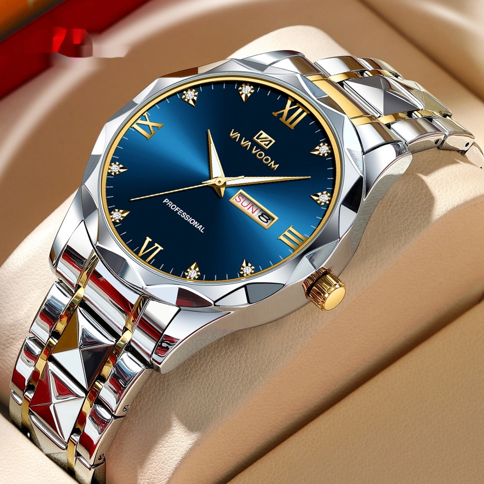 Tungsten Steel Waterproof Quartz Watch with Dual Calendar