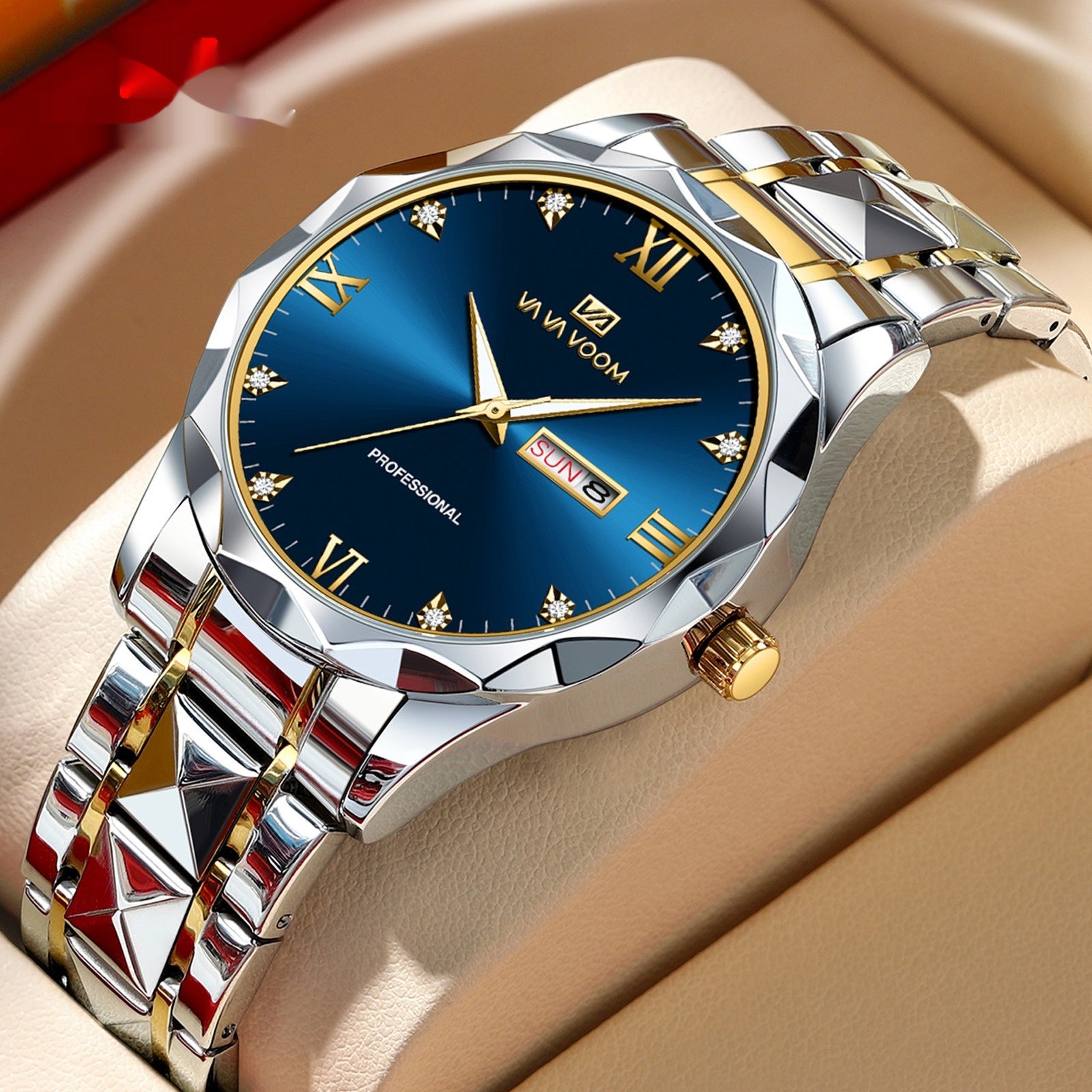 Tungsten Steel Waterproof Quartz Watch with Dual Calendar