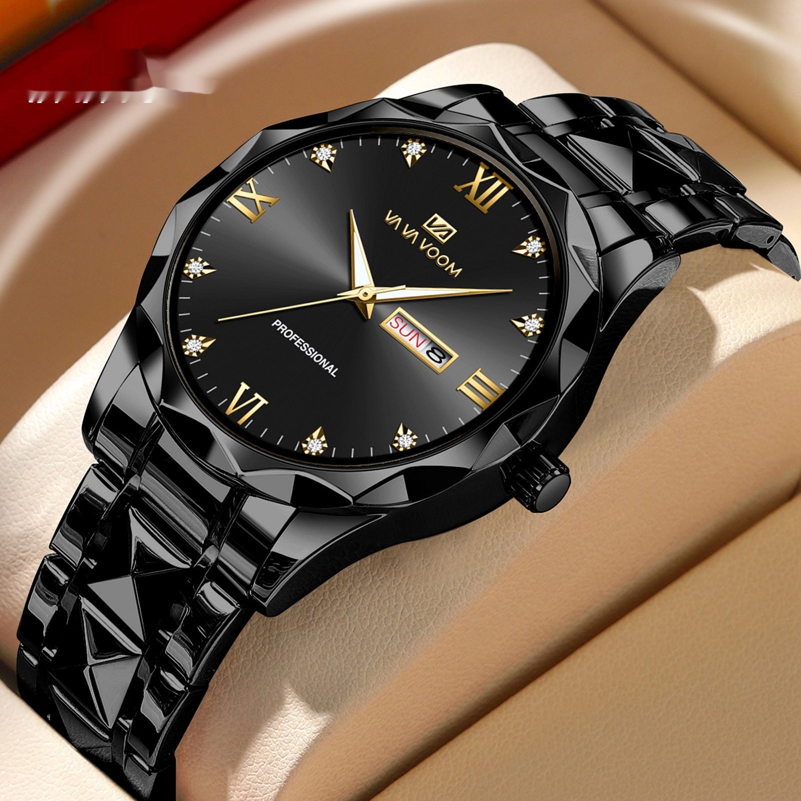 Tungsten Steel Waterproof Quartz Watch with Dual Calendar