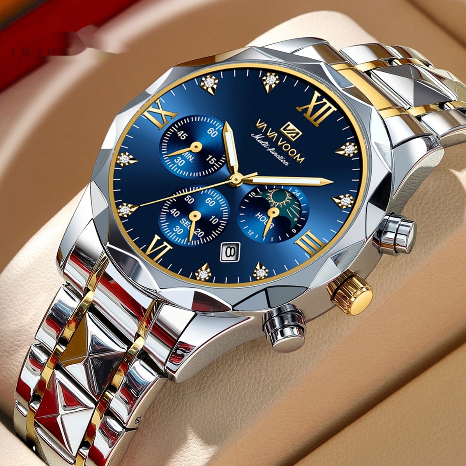 Tungsten Steel Waterproof Quartz Watch with Dual Calendar