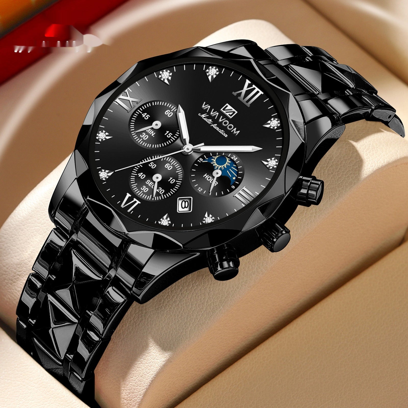 Tungsten Steel Waterproof Quartz Watch with Dual Calendar