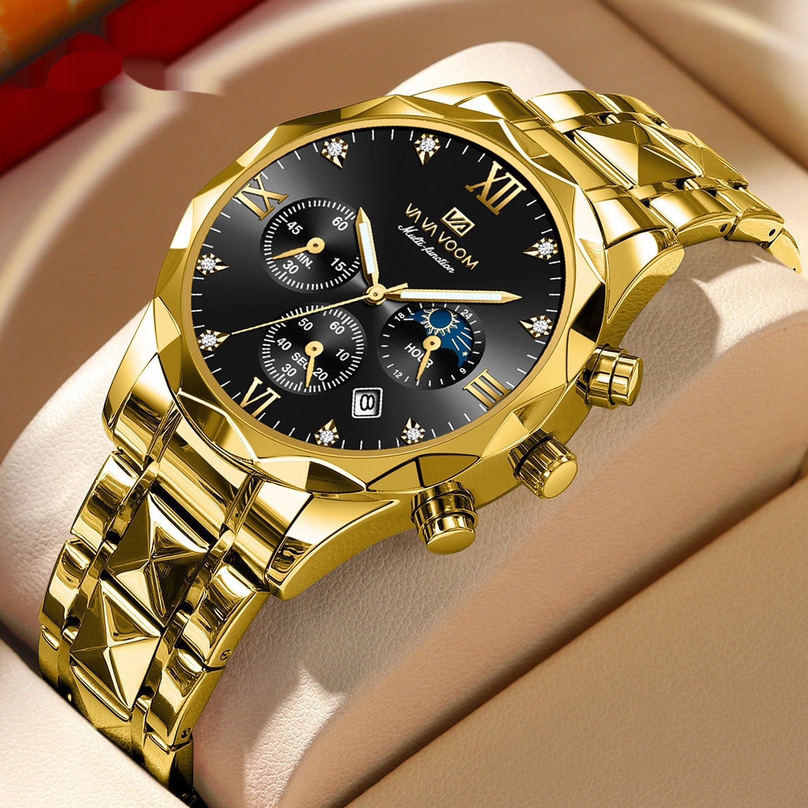 Tungsten Steel Waterproof Quartz Watch with Dual Calendar