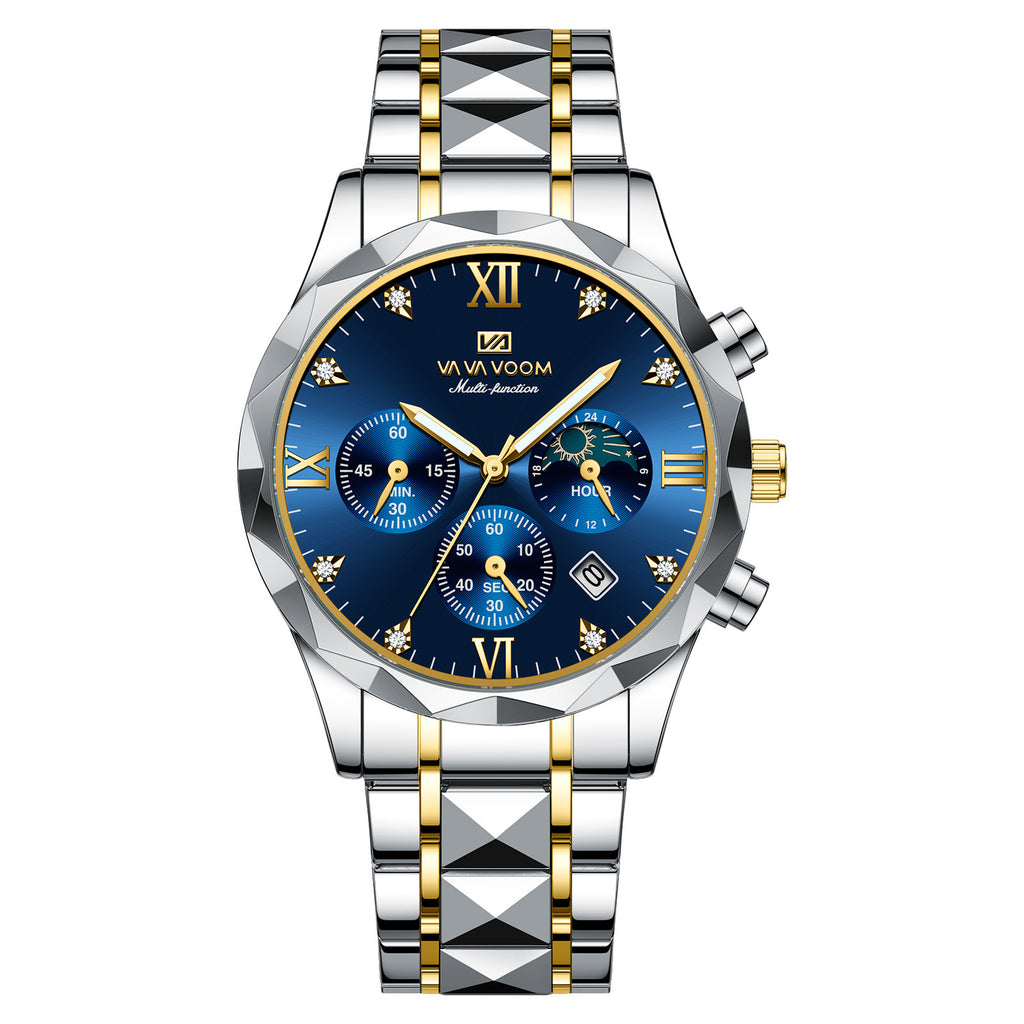 Reloj de cuarzo impermeable de acero al tungsteno con calendario doble
